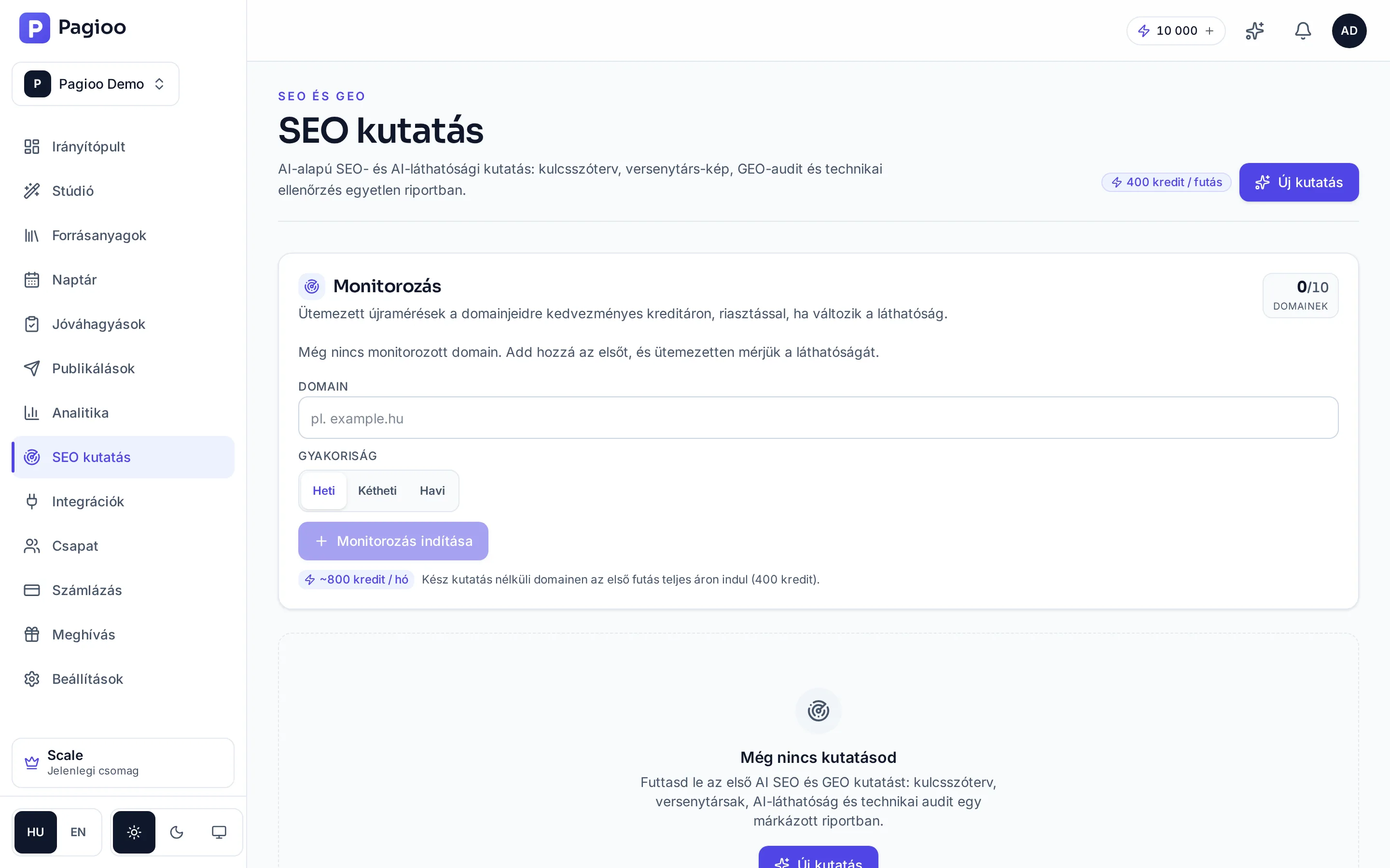 The SEO research page. Under the title the description, and on the right the credit price per run and the “New research” button. Below it the Monitoring card: scheduled re-measurements for the domains you give, with the number of domains used and allowed, a domain field, a weekly, fortnightly and monthly frequency choice, a “Start monitoring” button, and the estimated monthly credit need. At the bottom the empty state: no research yet, and a button to start the first one.