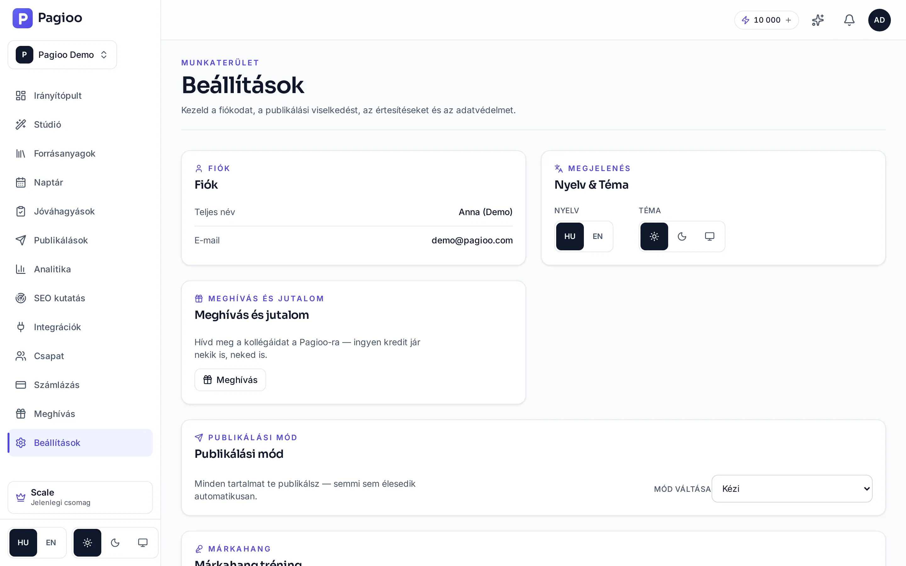 The Settings page broken into cards: Account (full name and email address), Language and theme (a Hungarian or English interface, and a light, dark or system-matching appearance), Invite and reward, Publishing mode (with the description that in manual mode the user publishes every piece of content, and a selector to change the mode), and the start of the brand-voice training block.